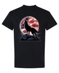 Wolf and American Flag Moon — Black T-Shirt — front