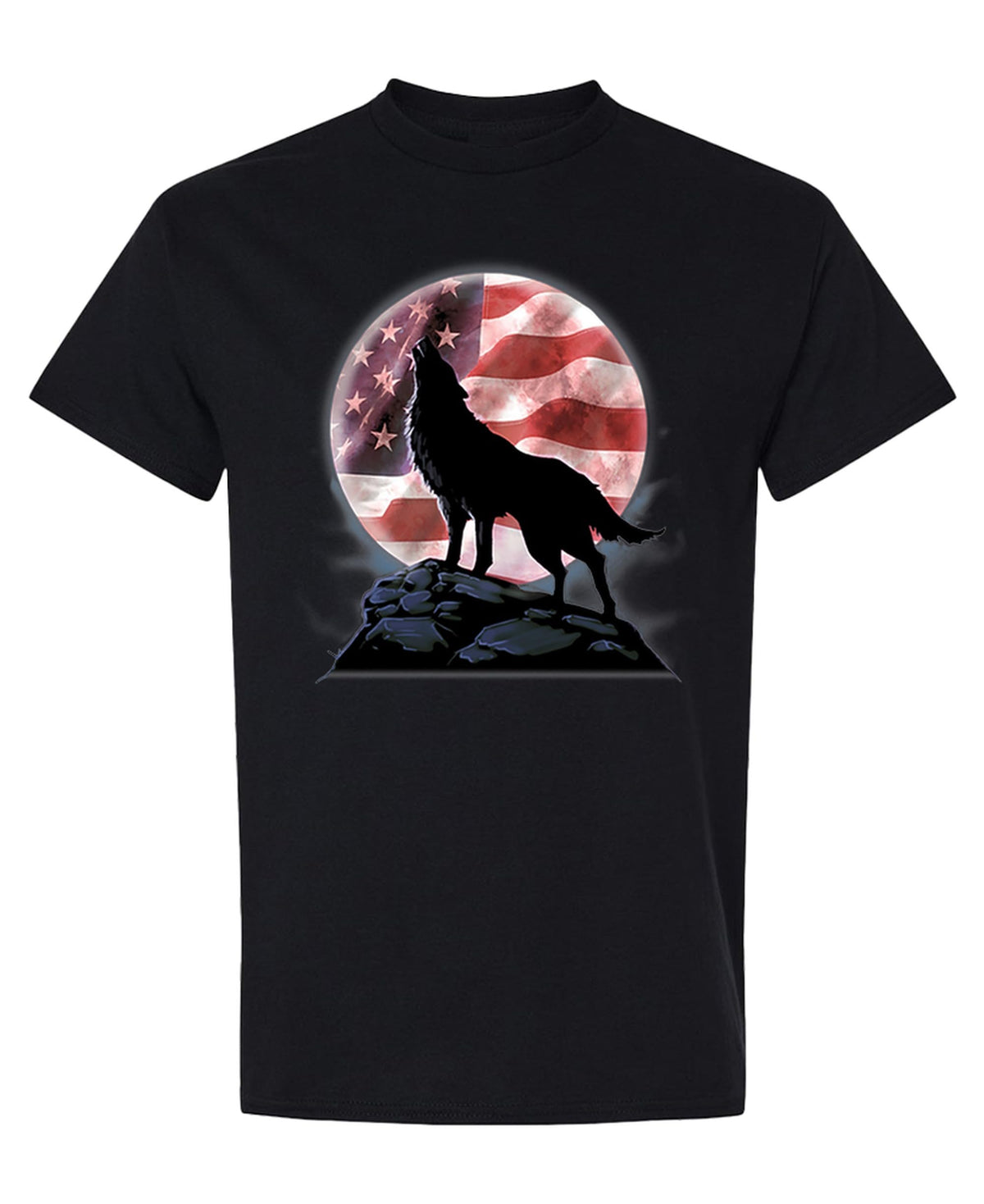 Wolf and American Flag Moon — Black T-Shirt — front