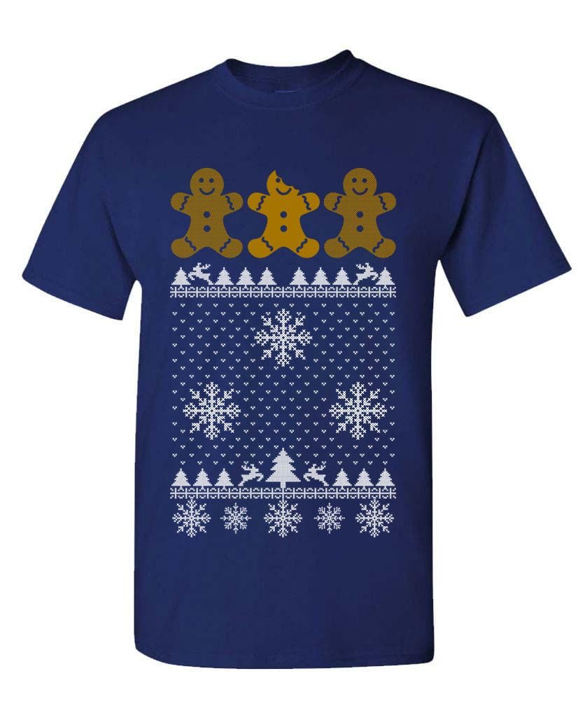Broken Gingerbread Man Funny Ugly Christmas Sweater Design — Navy T-Shirt — front