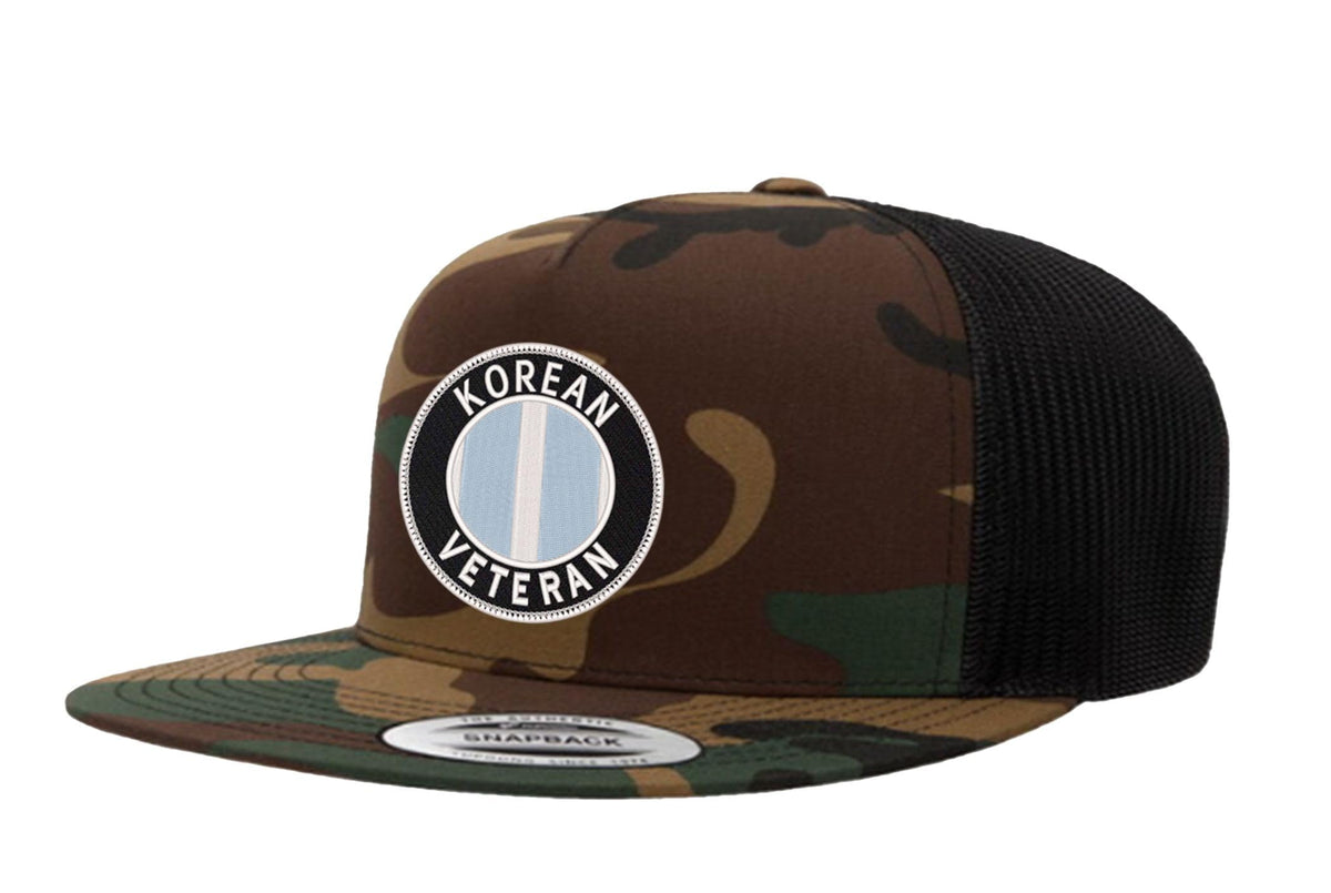 Korean Veteran — Korean Veteran - Camo and Black - Flat Bill Embroidered Trucker Hat — front