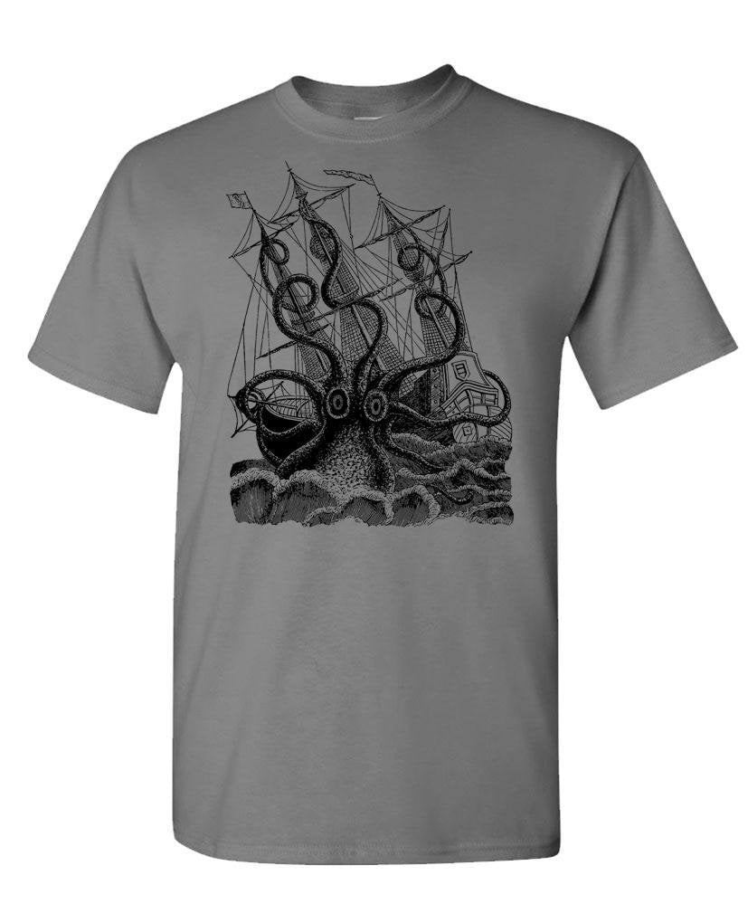Kraken and Sailing Ship — Charcoal T-Shirt — front