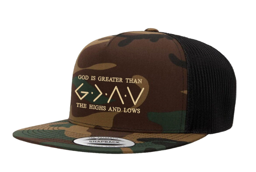 God Is Greater Than the Highs and Lows — God is Greater - Camo and Black - Flat Bill Embroidered Trucker Hat — front