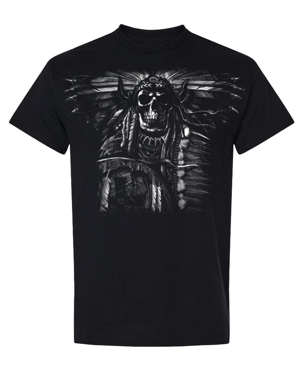 Feathered Skull with Dreamcatcher — Black T-Shirt — front