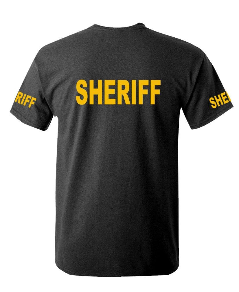 Sheriff Front and Sleeve Print — Black T-Shirt — back 1