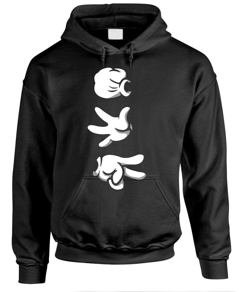 Rock Paper Scissors Cartoon Hands — Black Hoodie — front