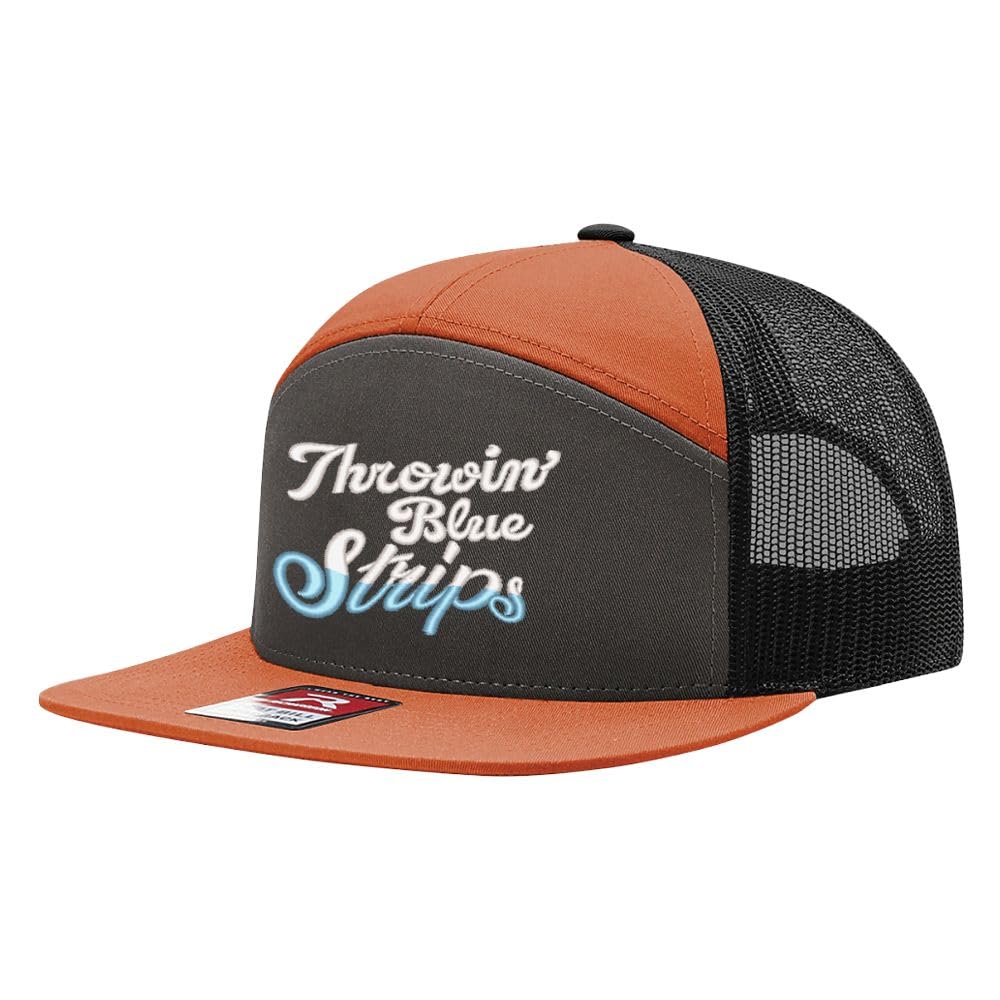Throwin Blue Strips — Throwin’ Blue Strips - Burnt Orange Charcoal and Black - 7 Panel Flat Bill Embroidered Trucker Hat — front