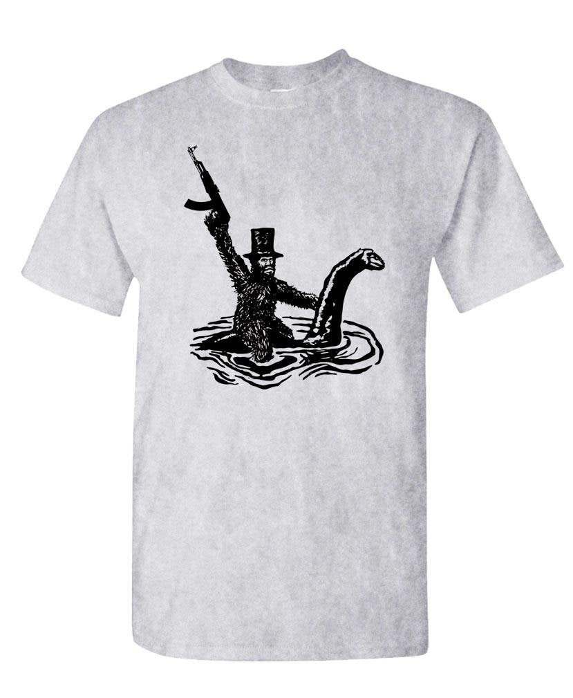 Bigfoot Riding a Lake Monster — Ash T-Shirt — front