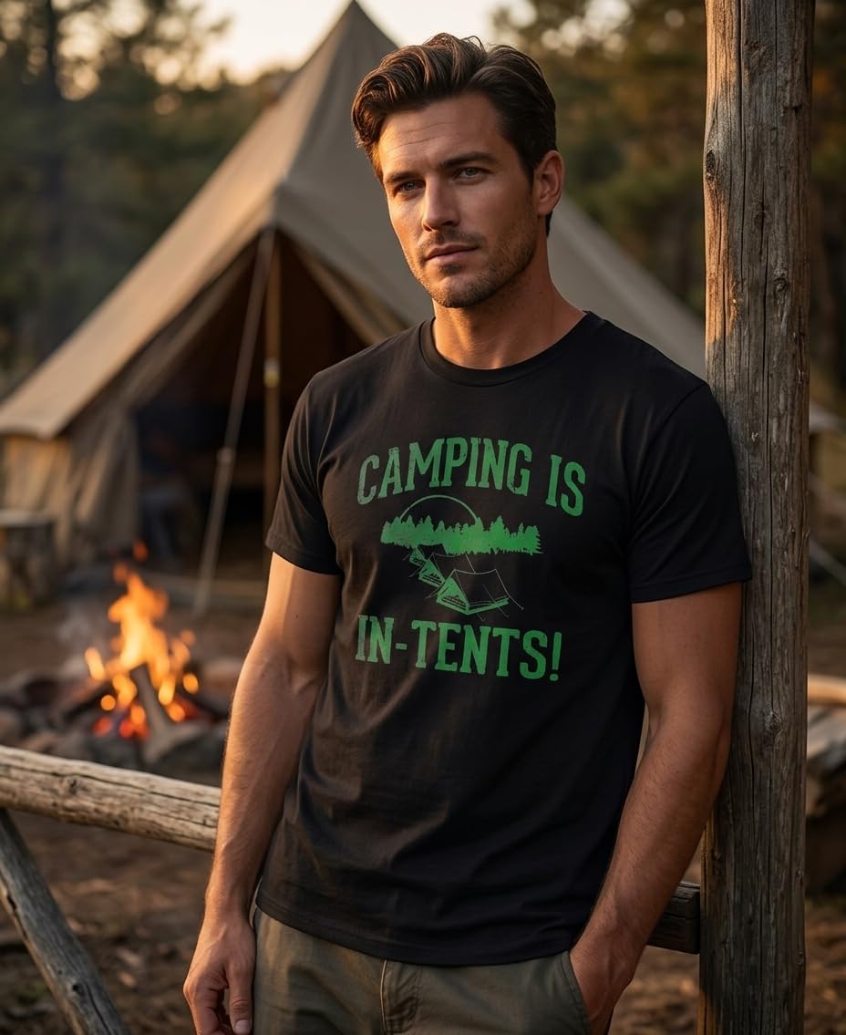 Camping Is In-Tents — Black T-Shirt — lifestyle 2