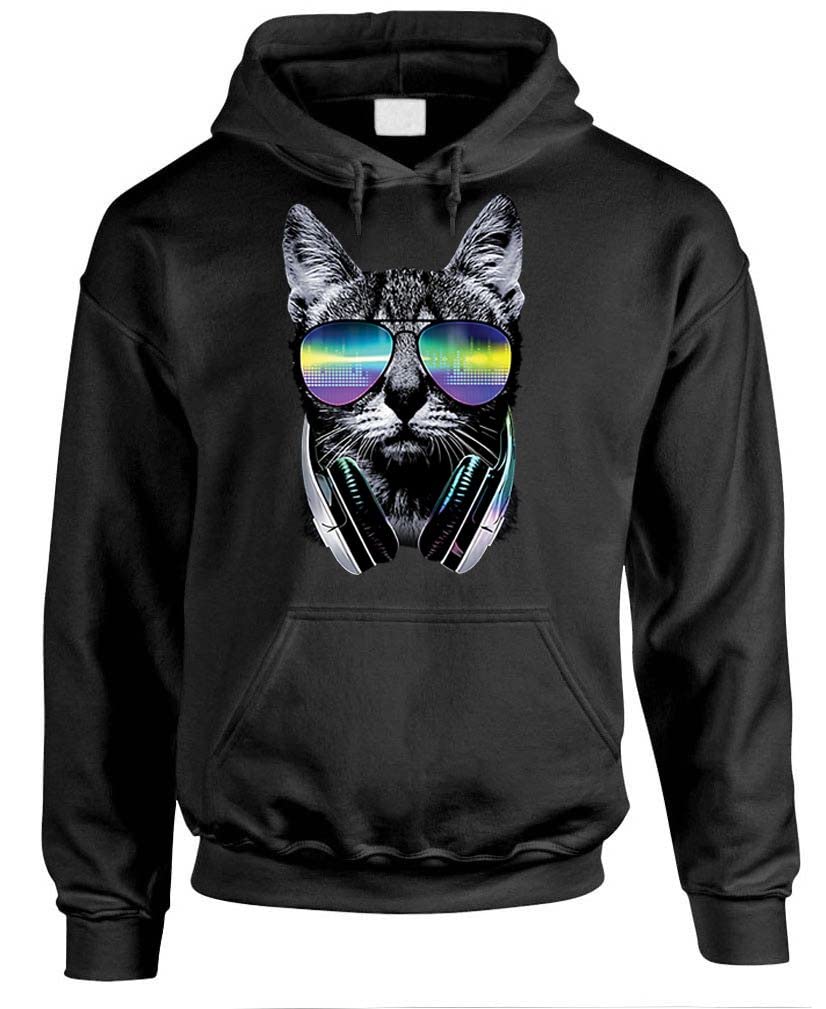 Neon DJ Cat — Black Hoodie — front