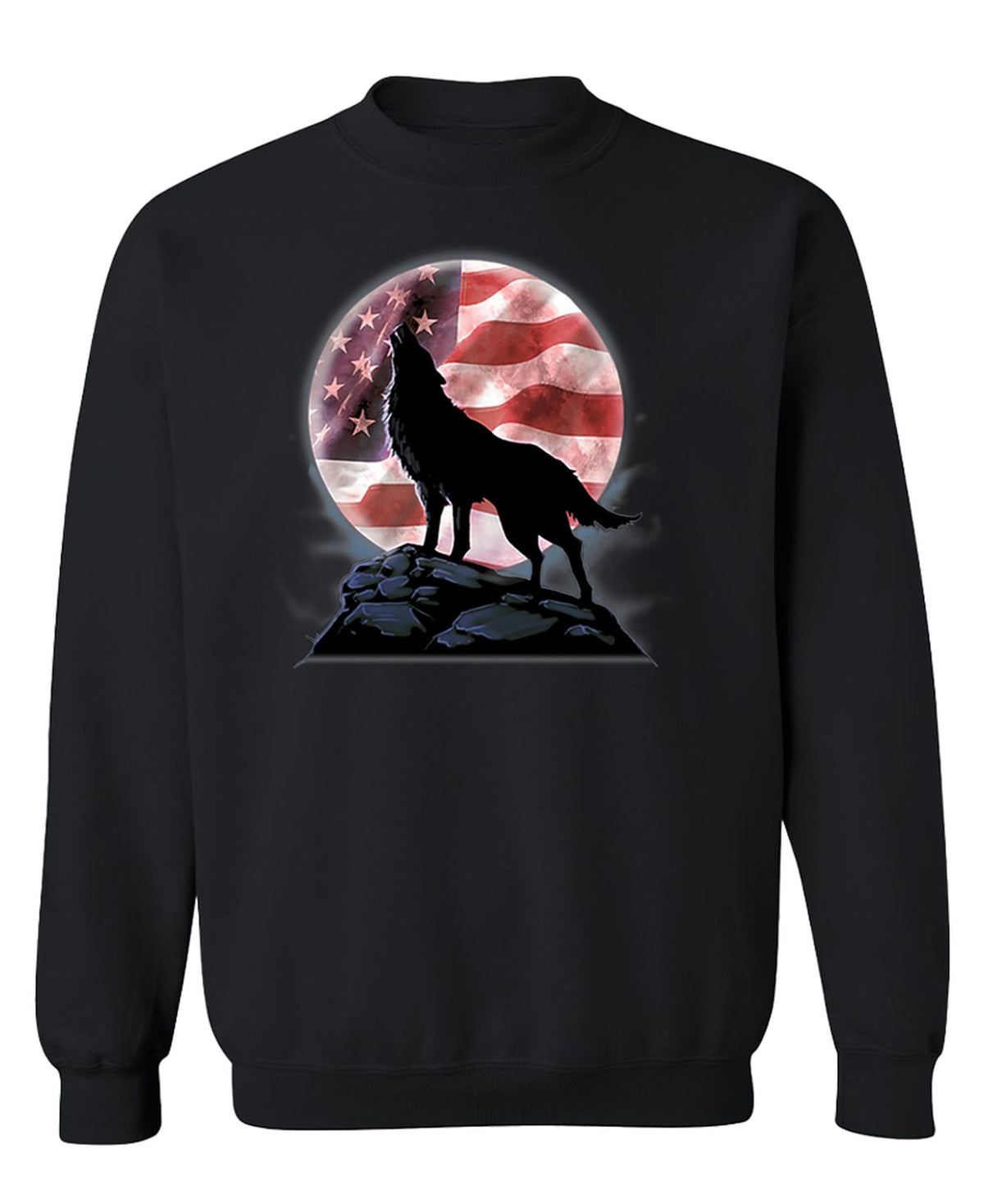 Wolf and American Flag Moon — Black Sweatshirt — front