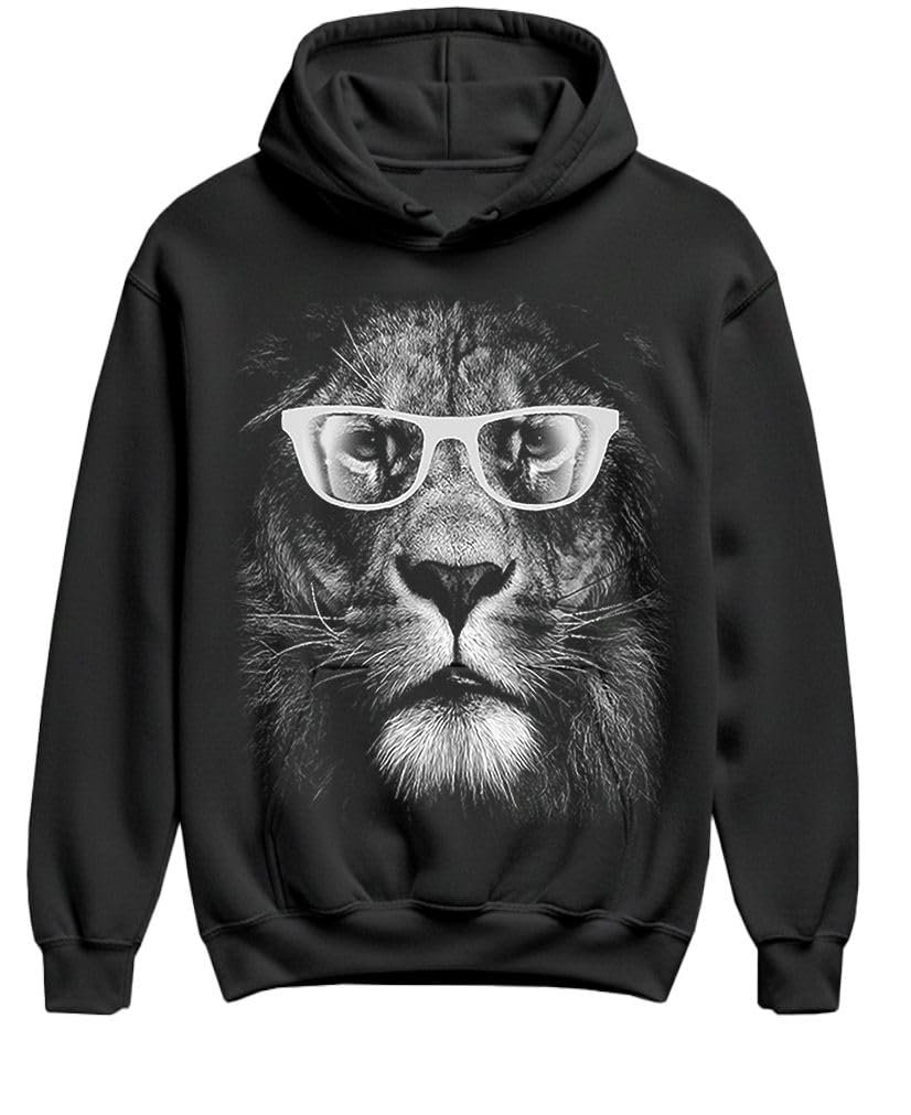 Lion with Glasses — Black Hoodie — front