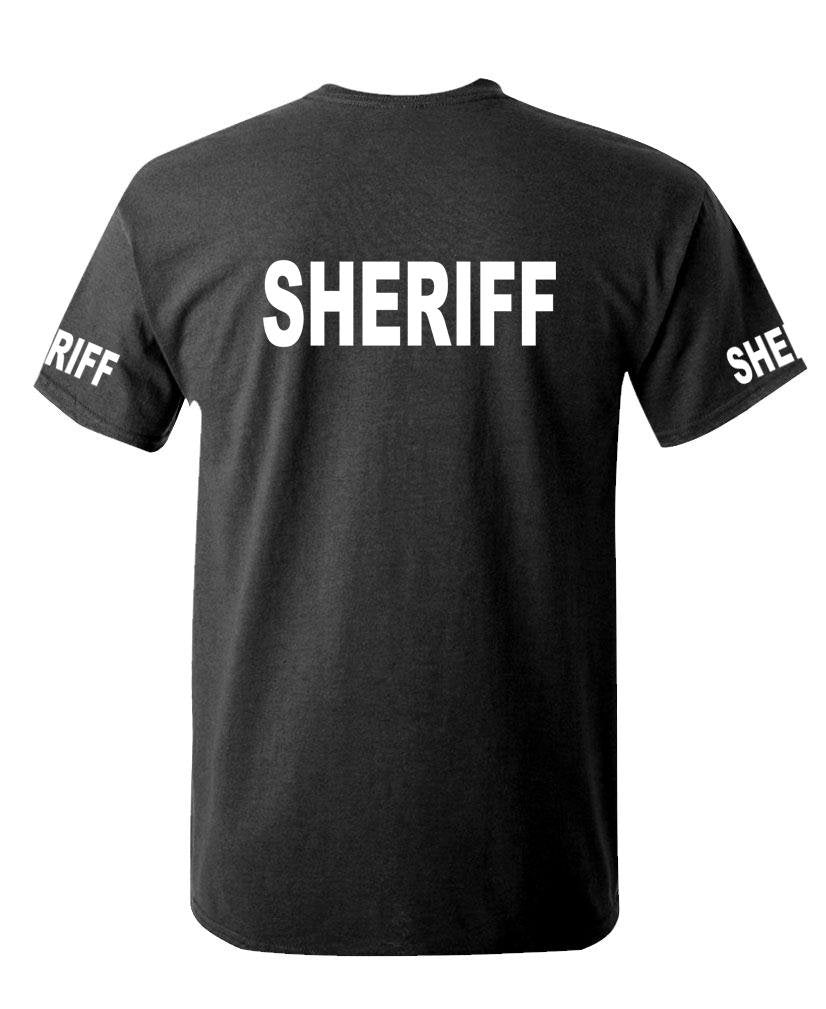 Sheriff Front and Sleeve Lettering — Black T-Shirt — back 1