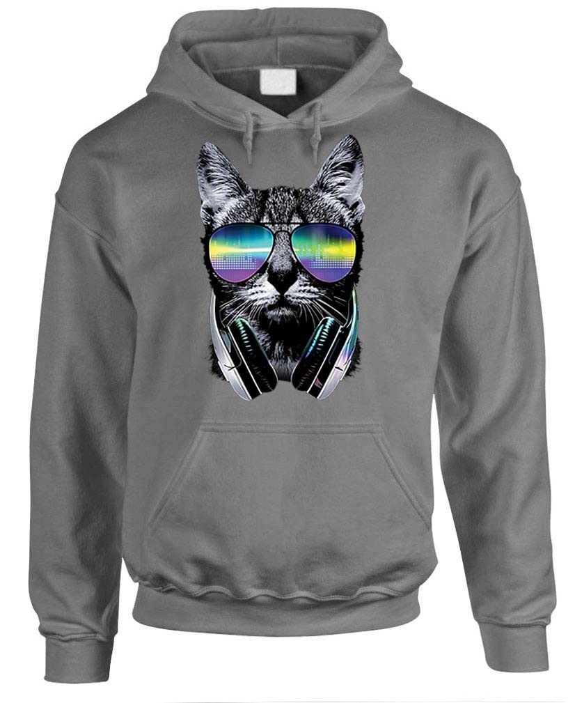 Neon DJ Cat — Charcoal Hoodie — front