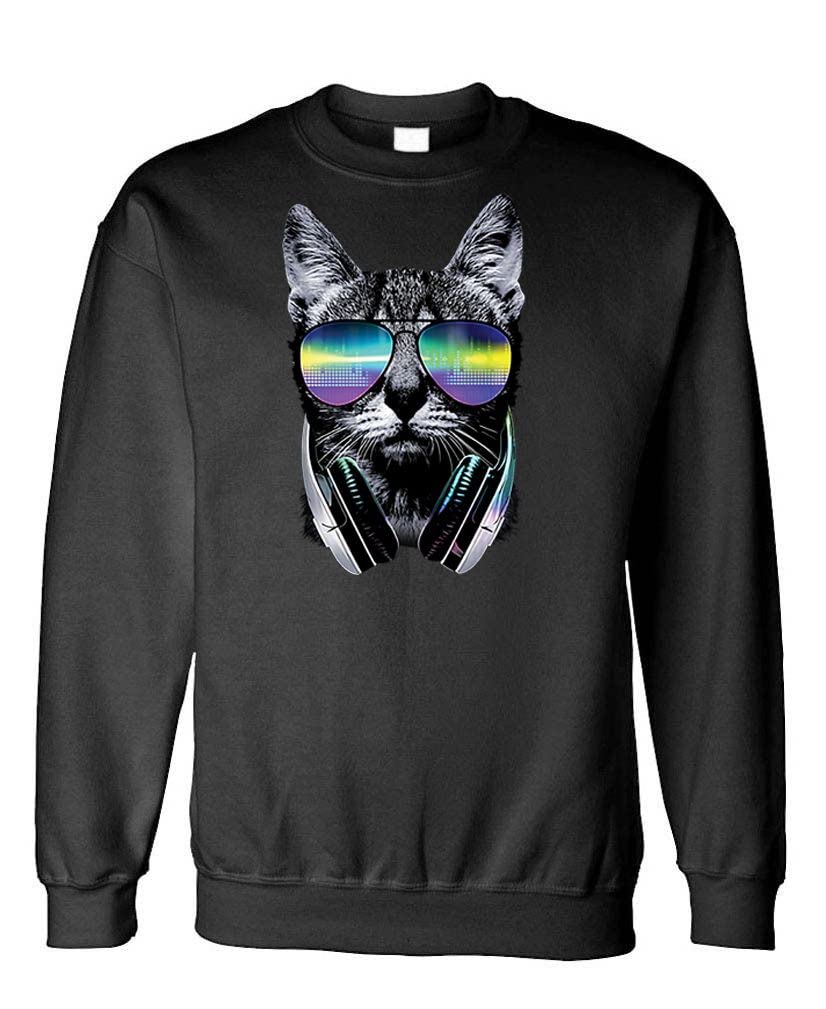 Neon DJ Cat — Black Sweatshirt — front