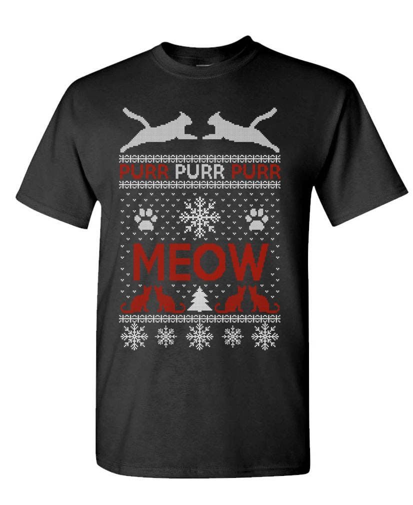 Cats Meow and Purr Ugly Christmas Sweater Design — Black T-Shirt — front