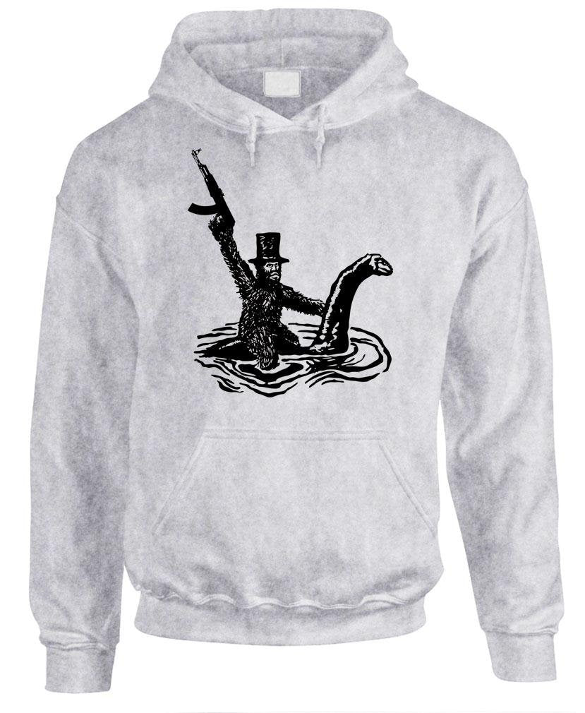 Bigfoot Riding a Lake Monster — Ash Hoodie — front