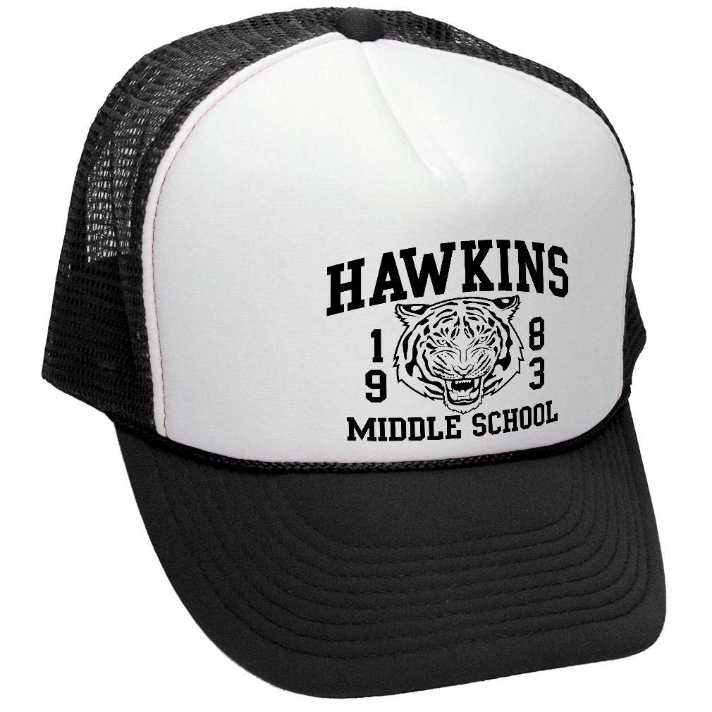 Hawkins Middle School — Black Trucker Hat — front
