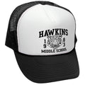 Hawkins Middle School — Black Trucker Hat — front