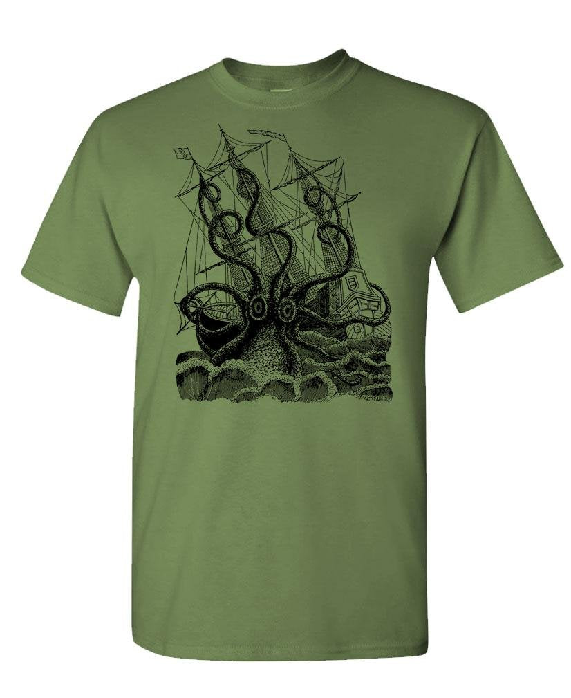 Kraken and Sailing Ship — Military Green T-Shirt — front