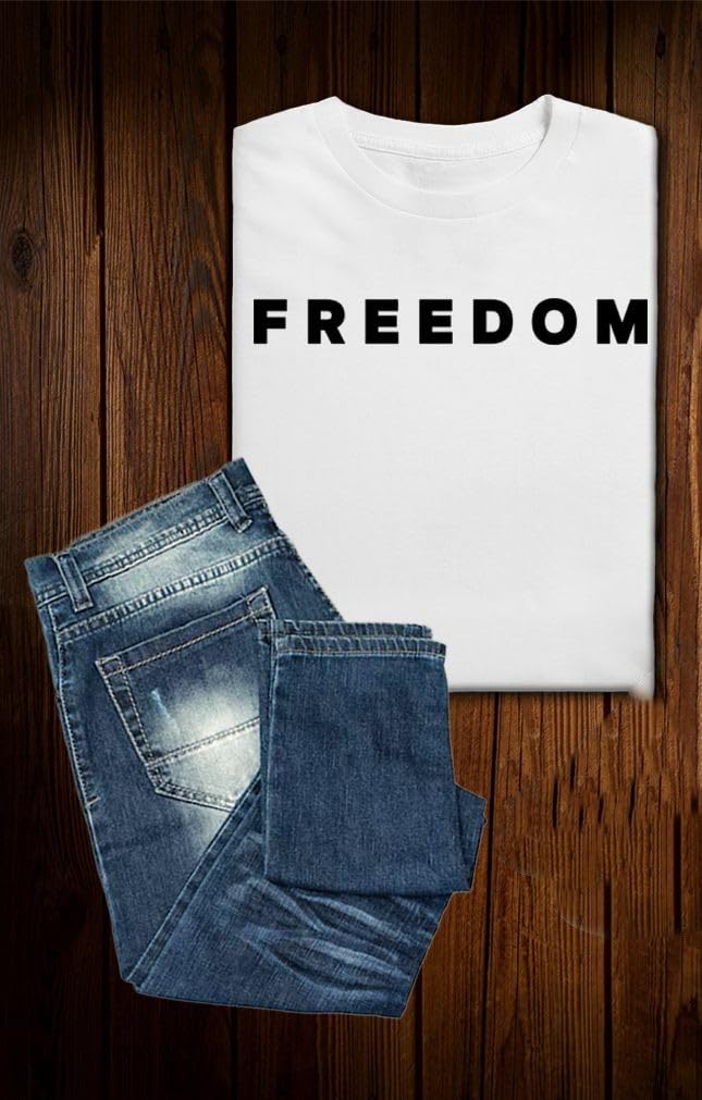 White FREEDOM t-shirt folded flat with jeans