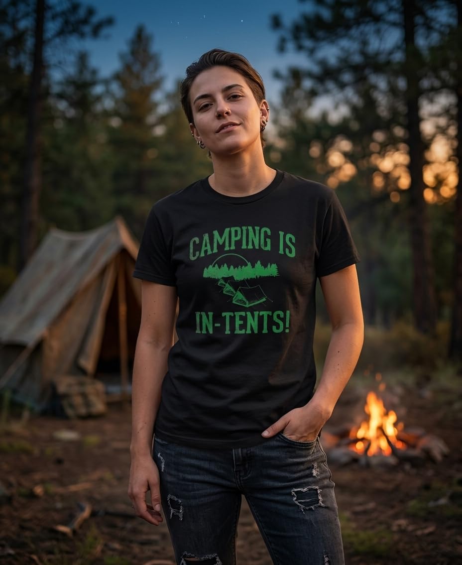 Camping Is In-Tents — Black T-Shirt — lifestyle 1
