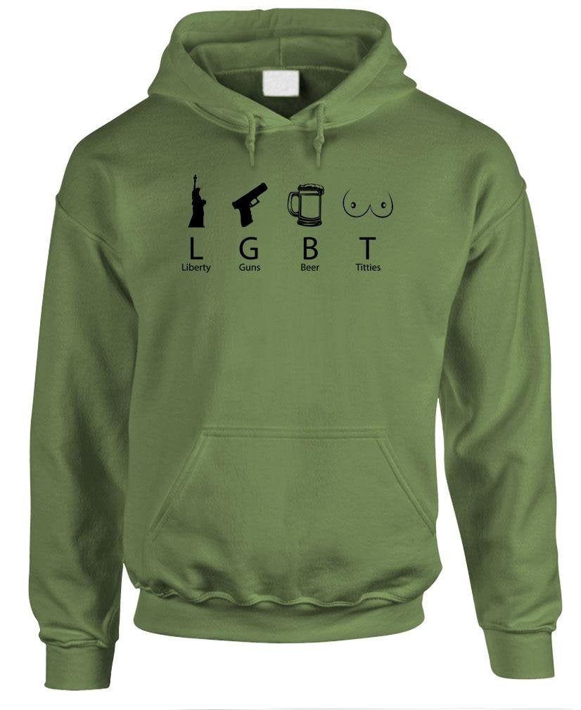 Liberty Guns Beer and Titties — Military Green Hoodie — front