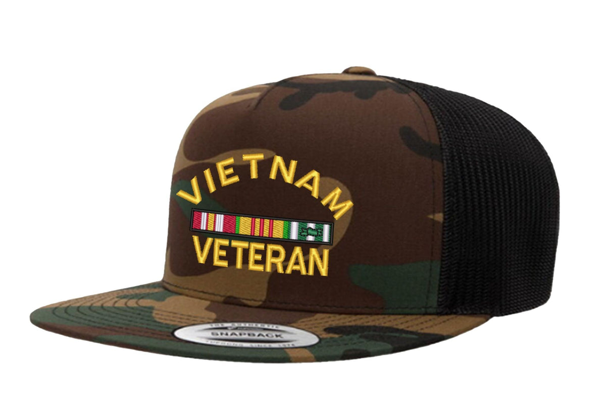 Vietnam Veteran — Vietnam Veteran - Camo and Black - Flat Bill Embroidered Trucker Hat — front