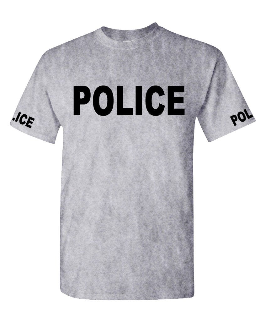 Police Front and Sleeve Lettering — Sport Gray T-Shirt — front