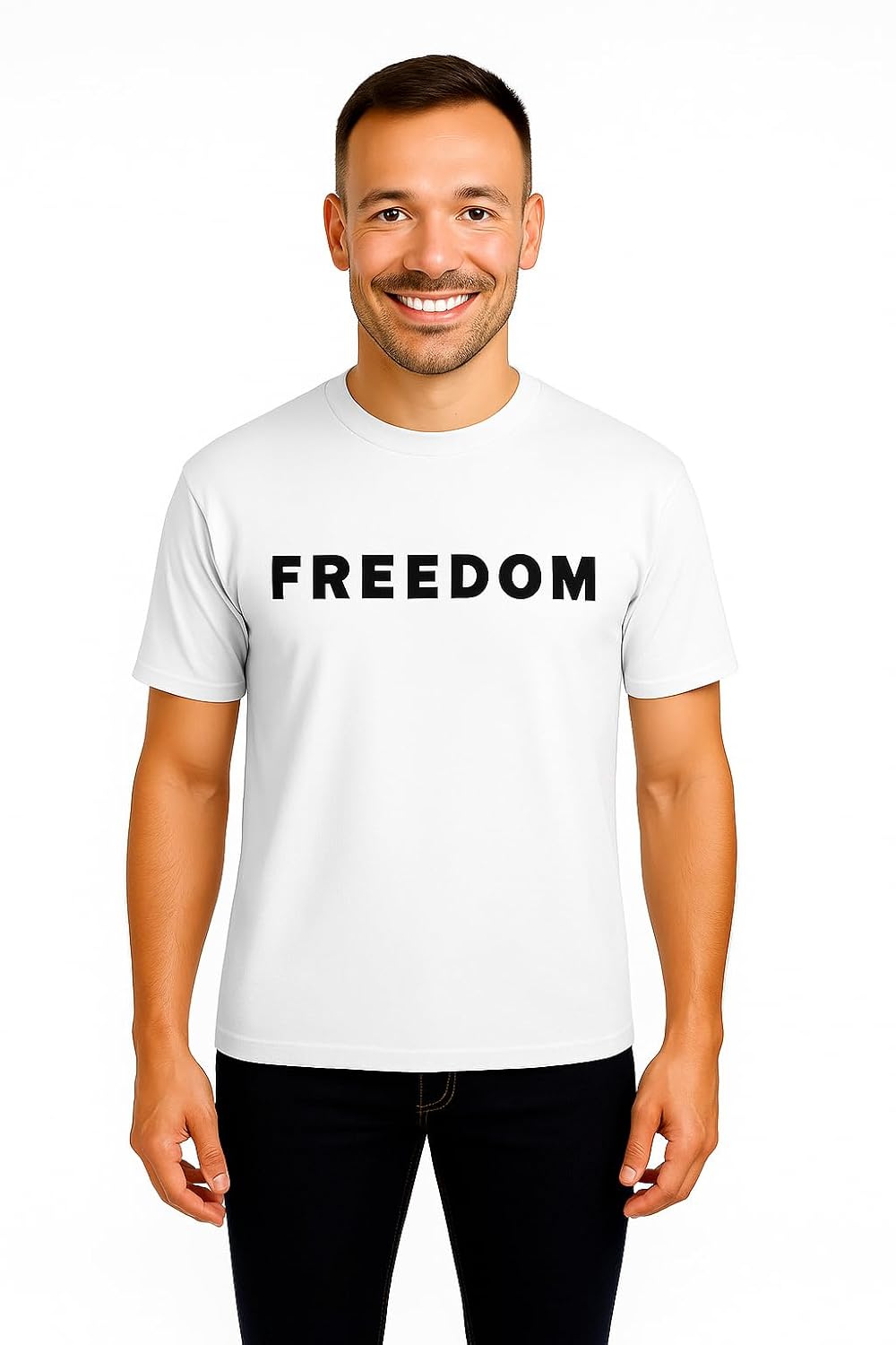 Man wearing the white FREEDOM t-shirt