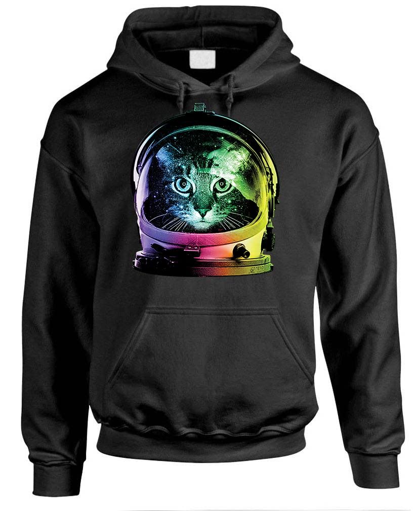 Neon Space Cat — Black Hoodie — front