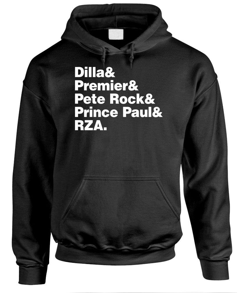 Dilla Premier Pete Rock Prince Paul RZA Names — Black Hoodie — front