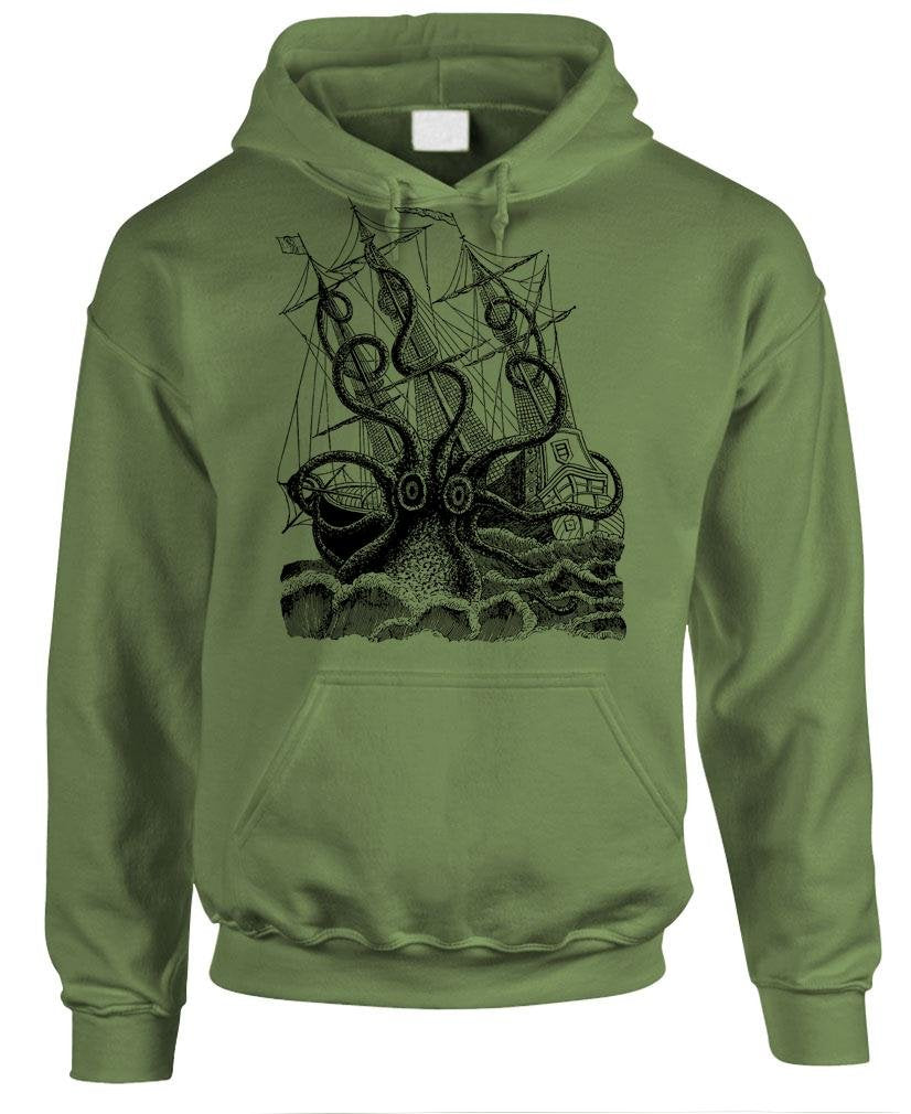 Kraken and Sailing Ship — Military Green Hoodie — front