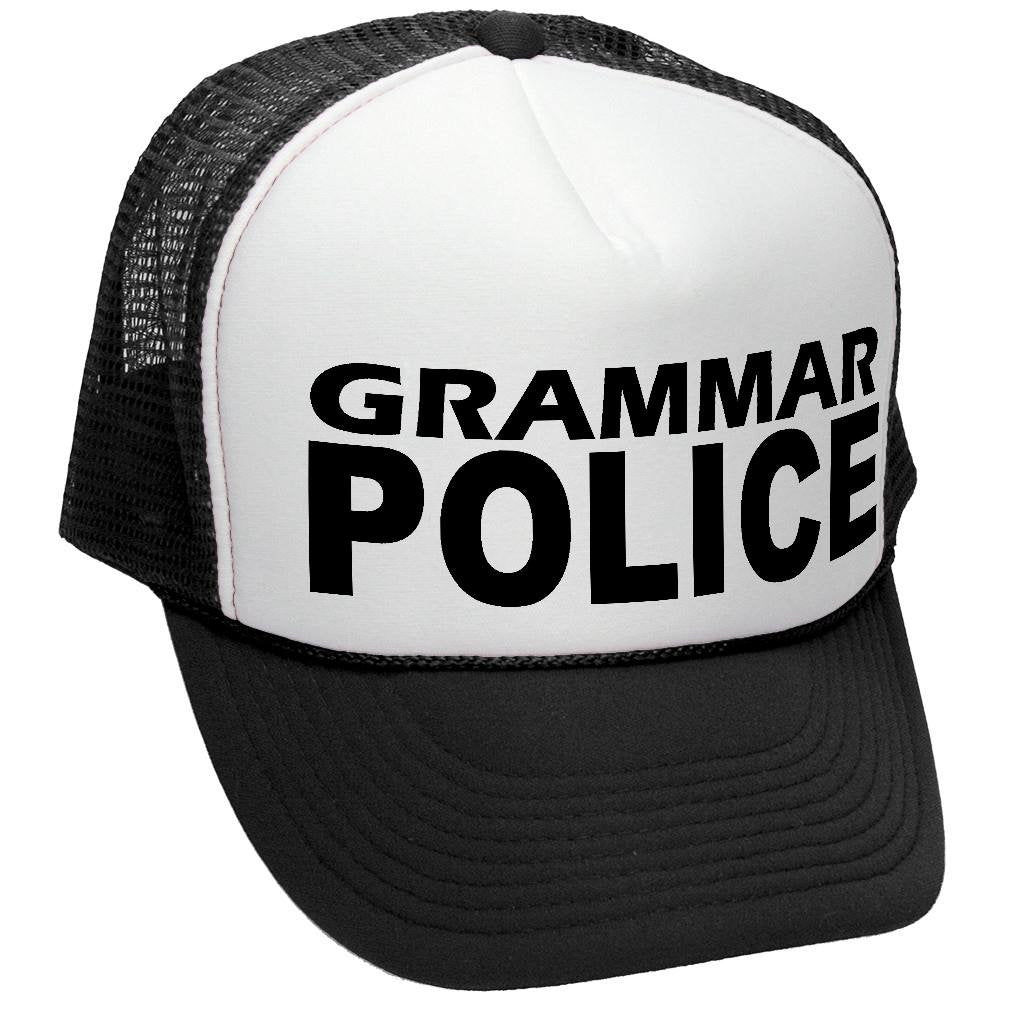 Grammar Police — Black Trucker Hat — front