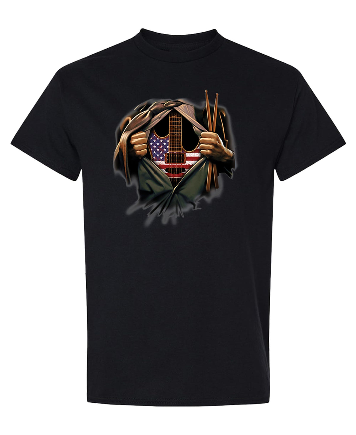Guitar and Drums Torn Shirt — Black T-Shirt — front