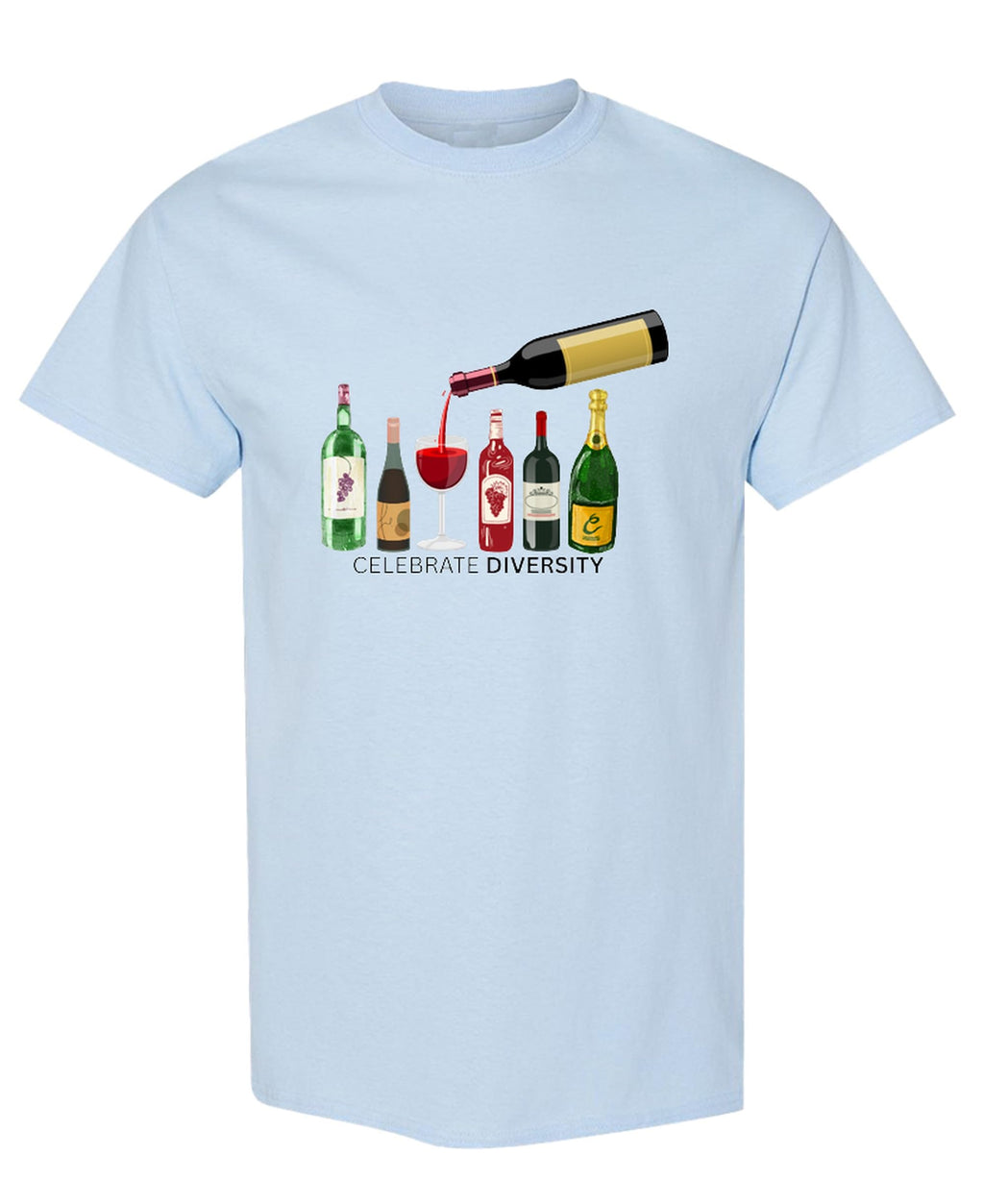 Celebrate Diversity Wine Bottles — Light Blue T-Shirt — front