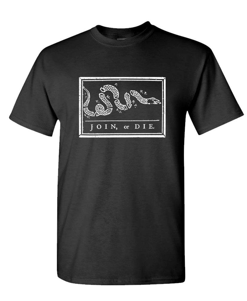 Join or Die Segmented Snake — Black T-Shirt — front