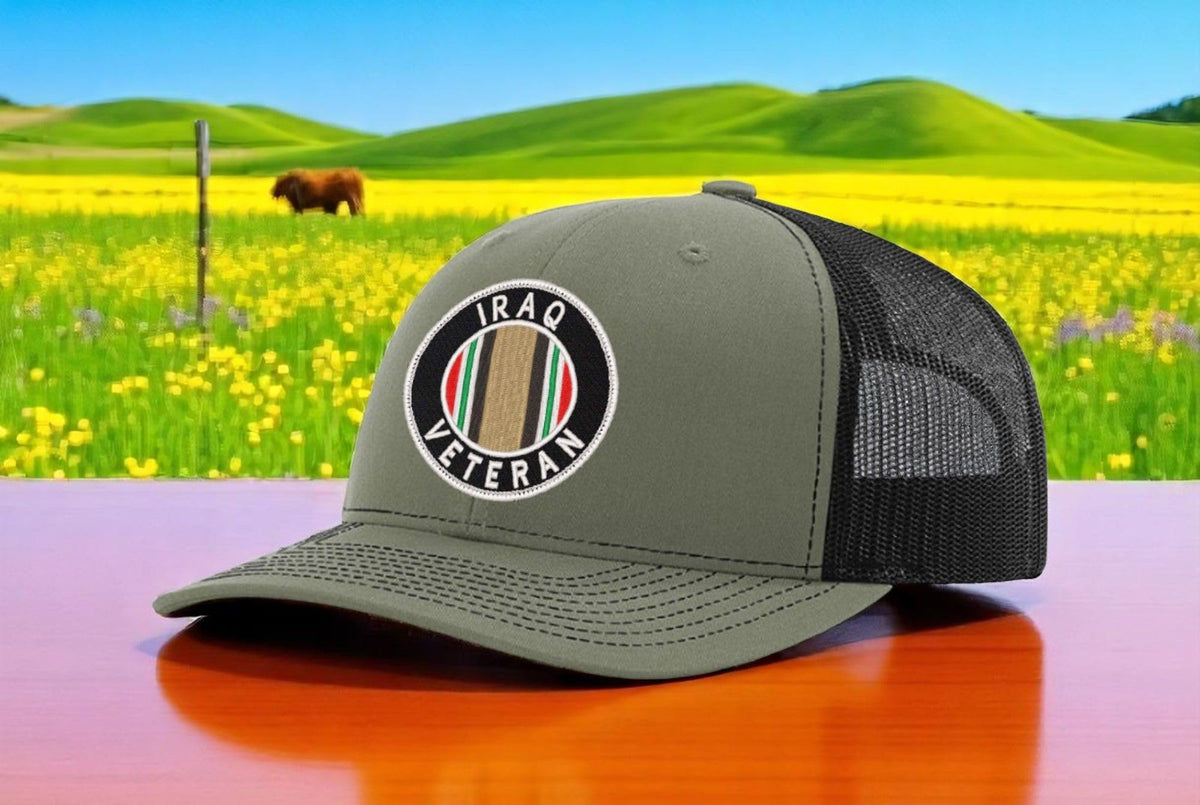 Iraq Veteran — Iraq Veteran - Army Green and Black - Standard Embroidered Trucker Hat — existing lifestyle 1