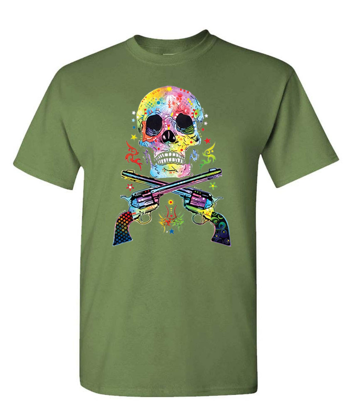 Colorful Skull and Crossed Pistols — Military Green T-Shirt — front