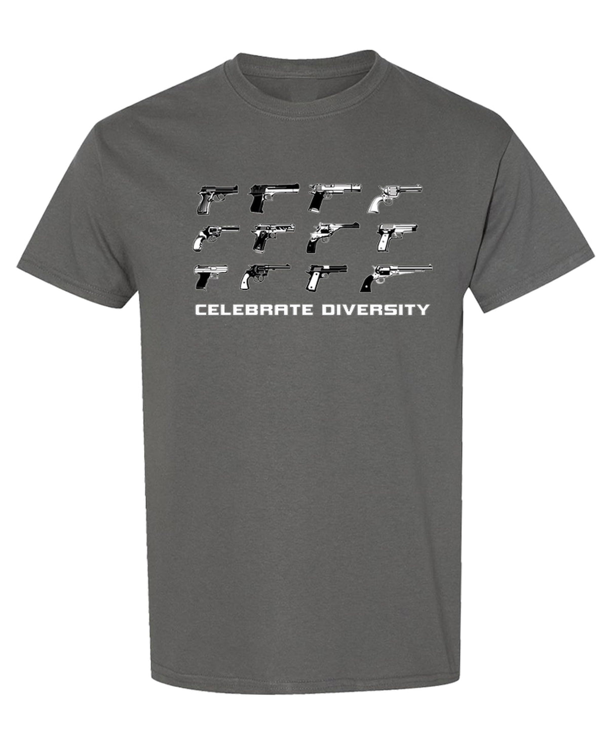Celebrate Diversity Pistols — Charcoal T-Shirt — front