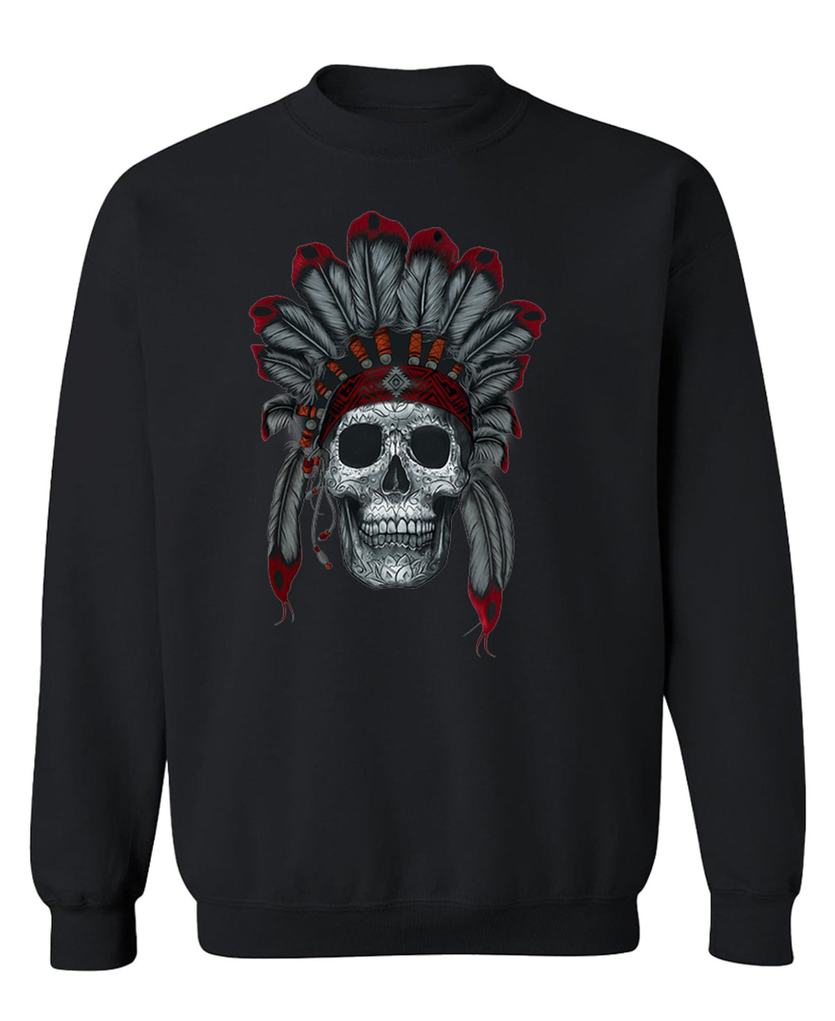 Red and Gray Feathered Skull — Black Sweatshirt — front