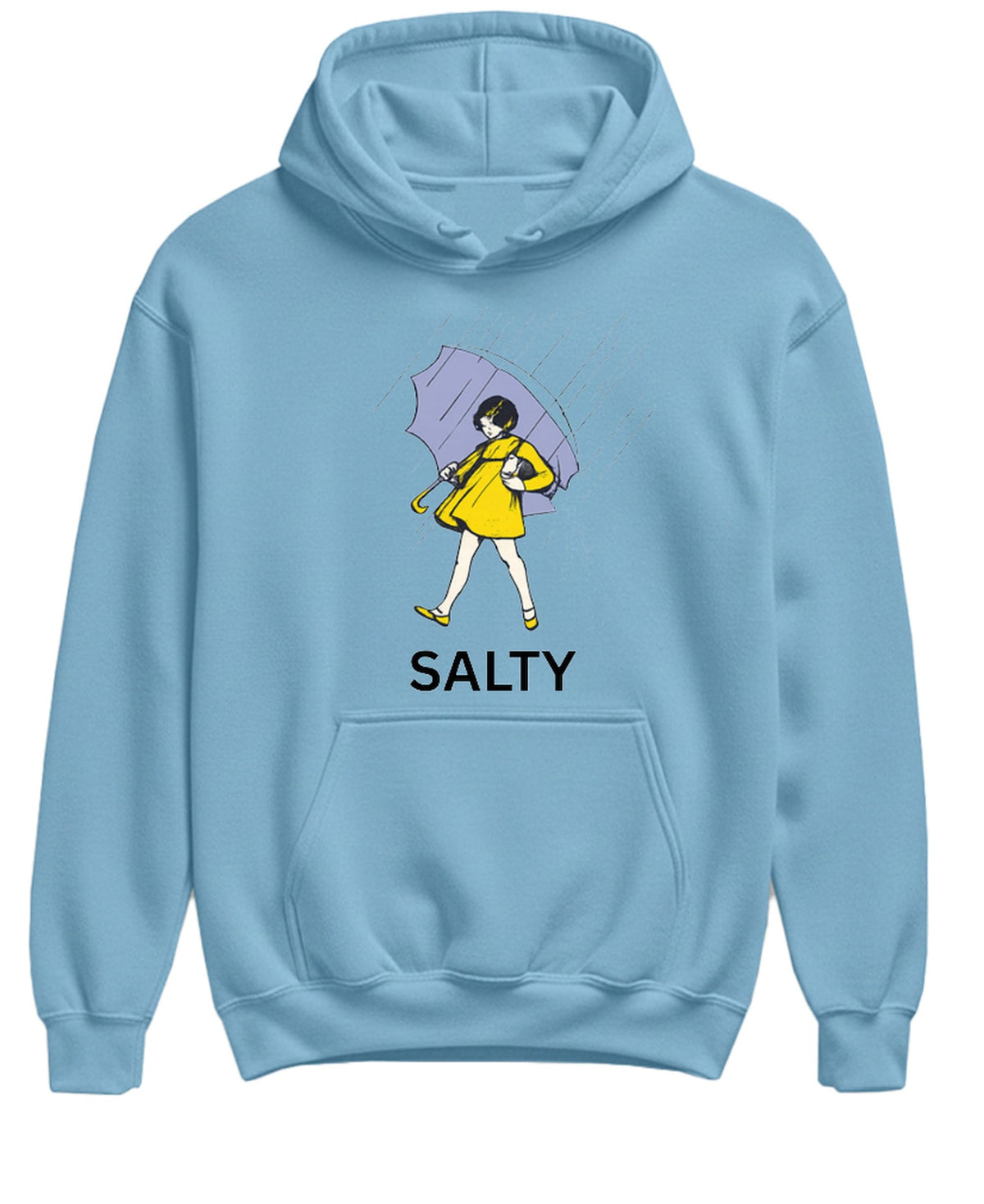 Salty Parody Tee Funny Novelty Graphic — Light Blue Hoodie — front