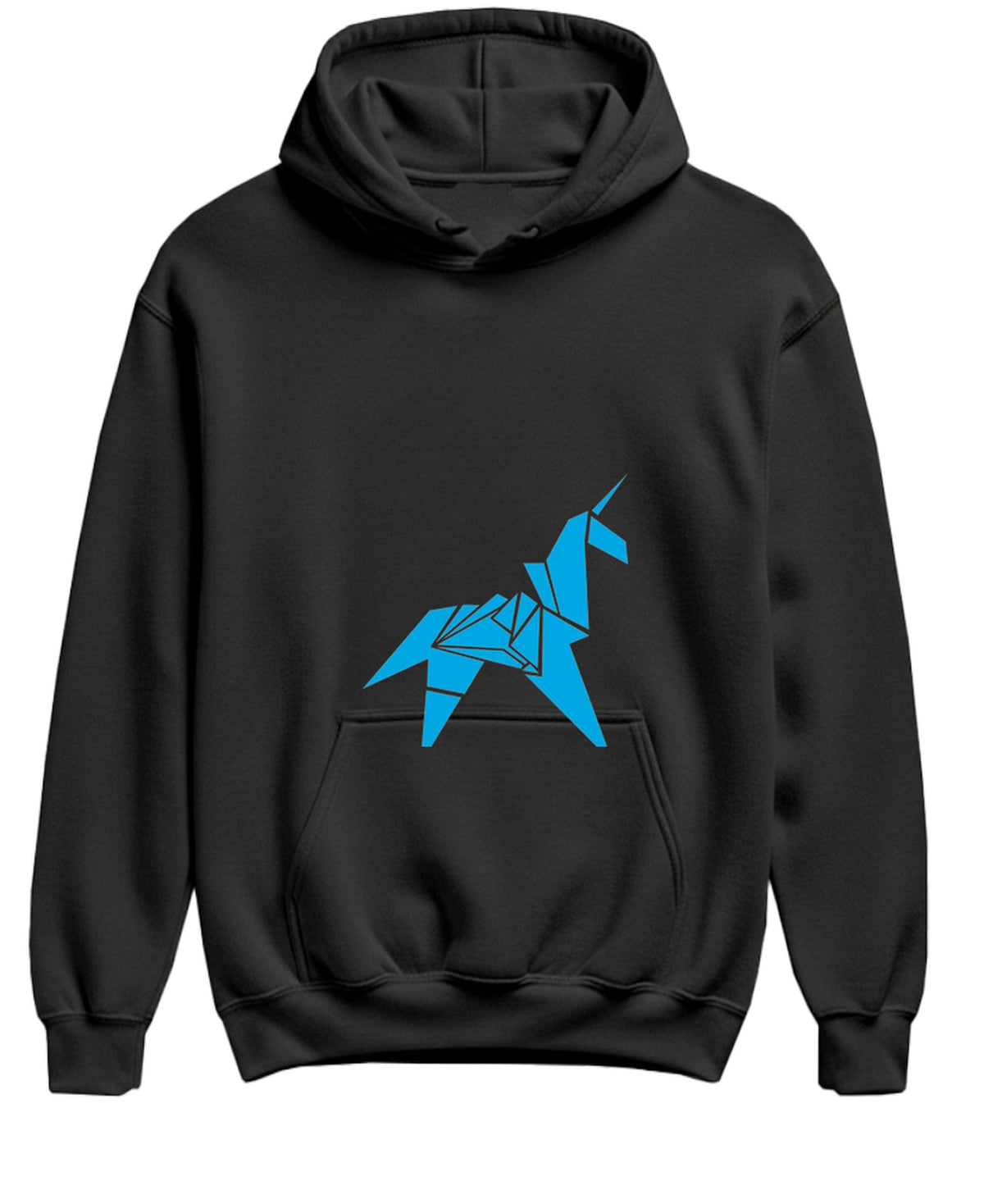 Blue Origami Unicorn — Black Hoodie — front
