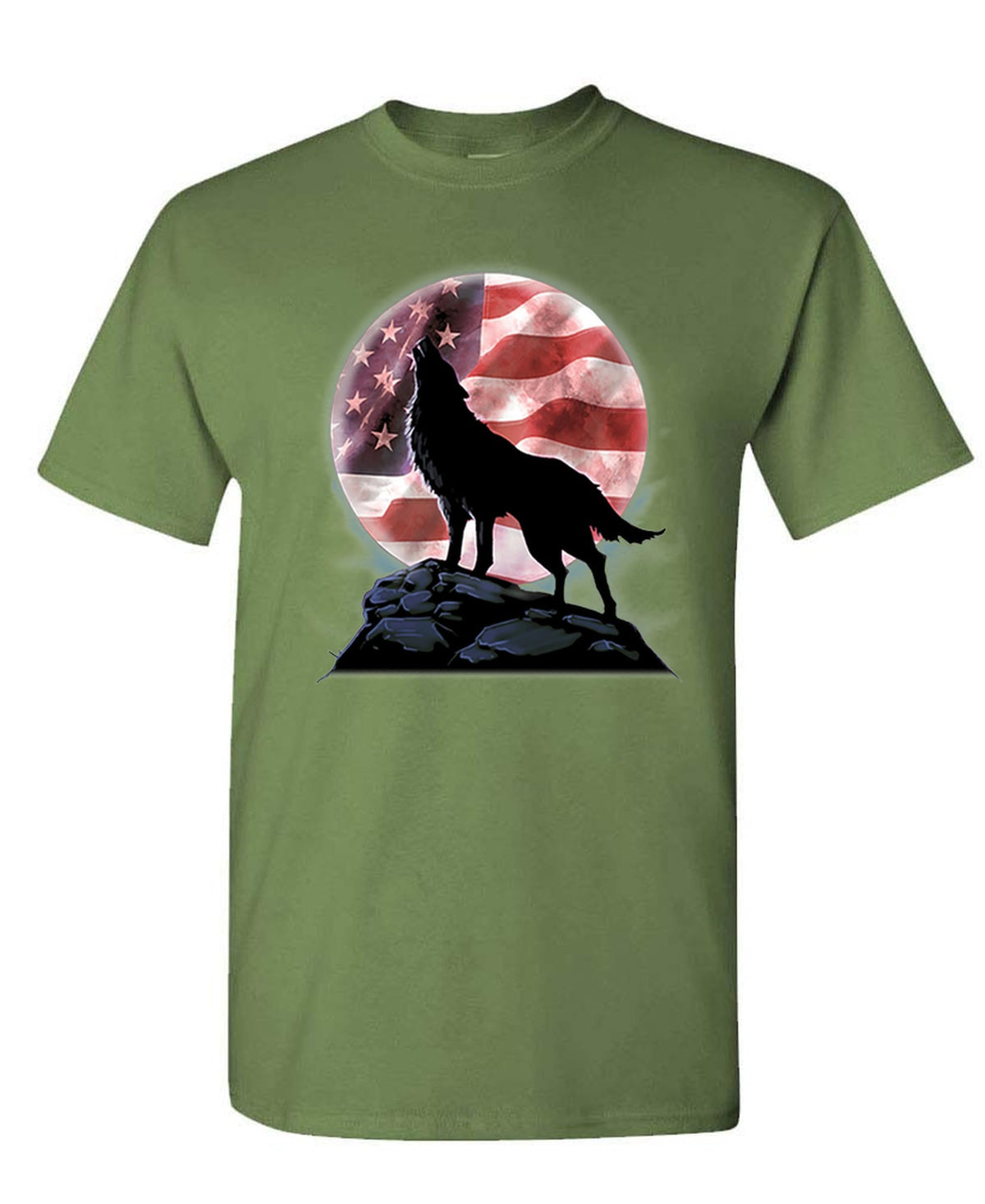 Wolf and American Flag Moon — Military Green T-Shirt — front