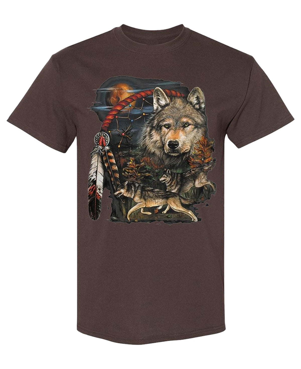 Wolf and Feathers — Chocolate T-Shirt — front
