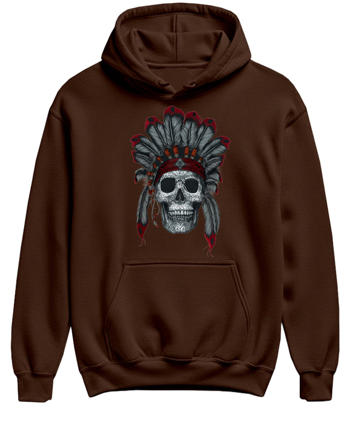 Red and Gray Feathered Skull — Chocolate Hoodie — front