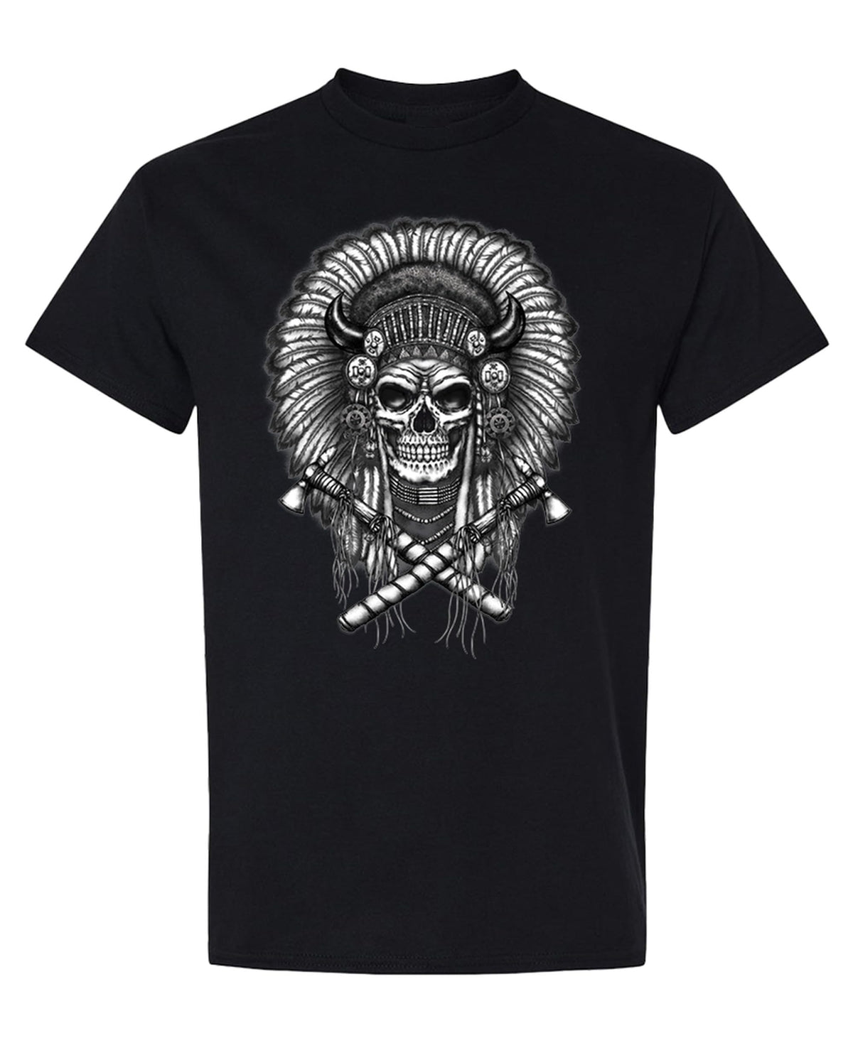 Feathered Skull and Crossed Bones — Black T-Shirt — front