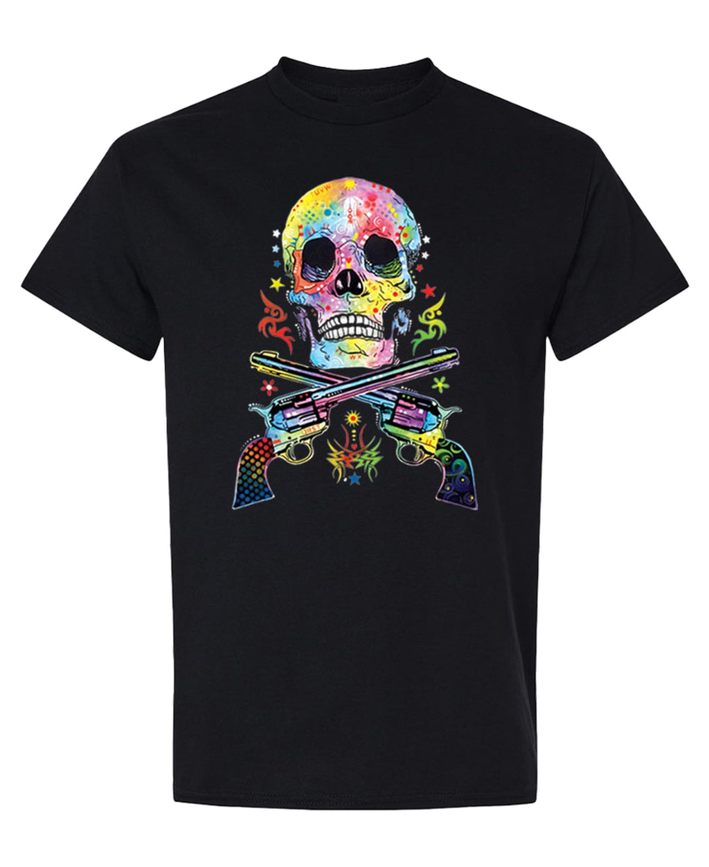 Colorful Skull and Crossed Pistols — Black T-Shirt — front