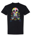 Colorful Skull and Crossed Pistols — Black T-Shirt — front