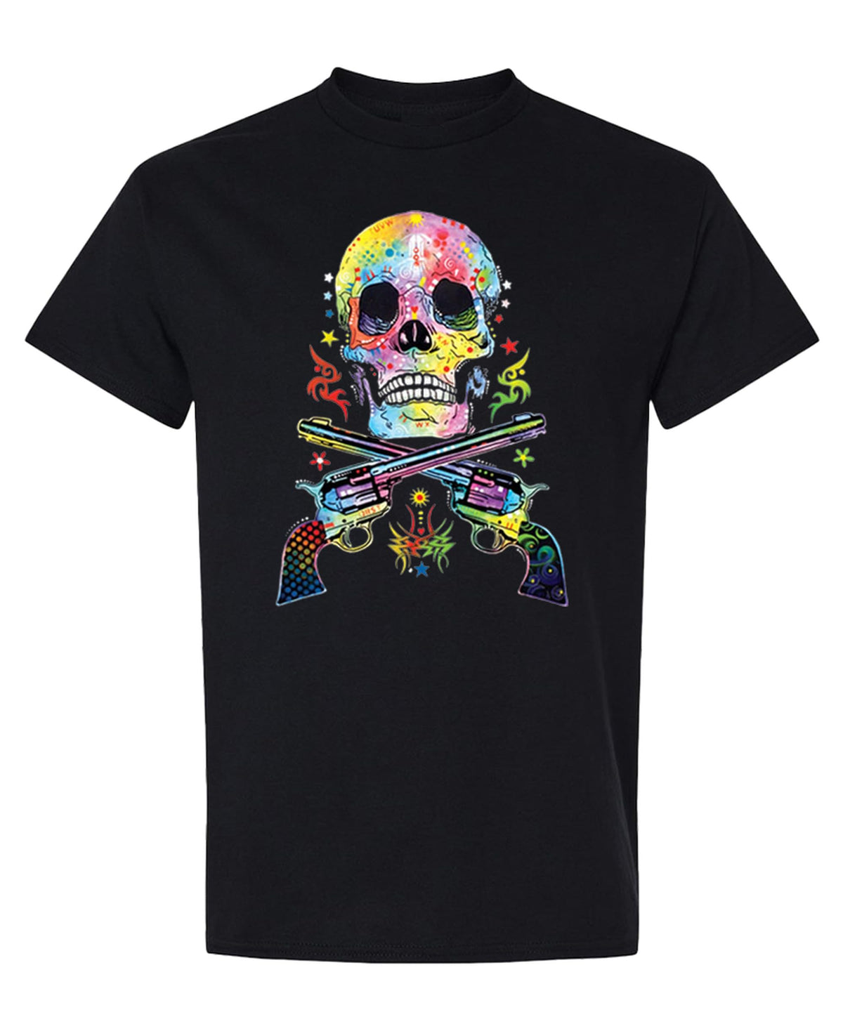 Colorful Skull and Crossed Pistols — Black T-Shirt — front