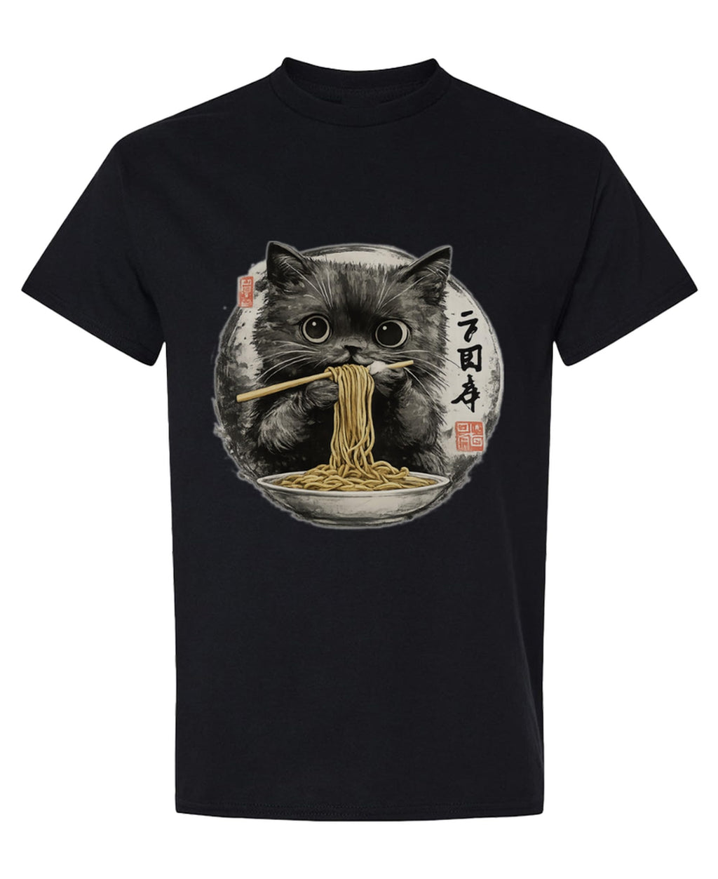 Ramen Cat — Black T-Shirt — front